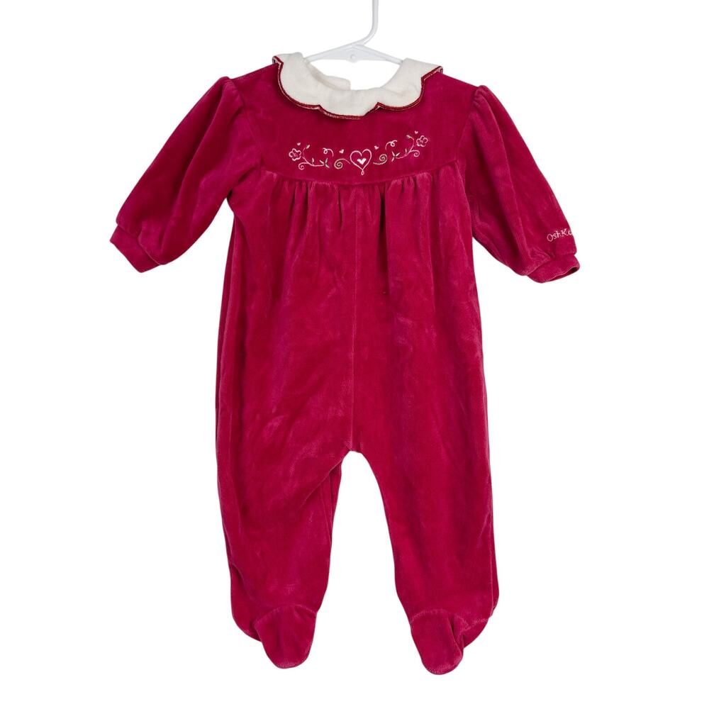 Vtg 90s OshKosh B'Gosh Velvet Footed Jumpsuit Collar Dark Pink - 6-9 Months